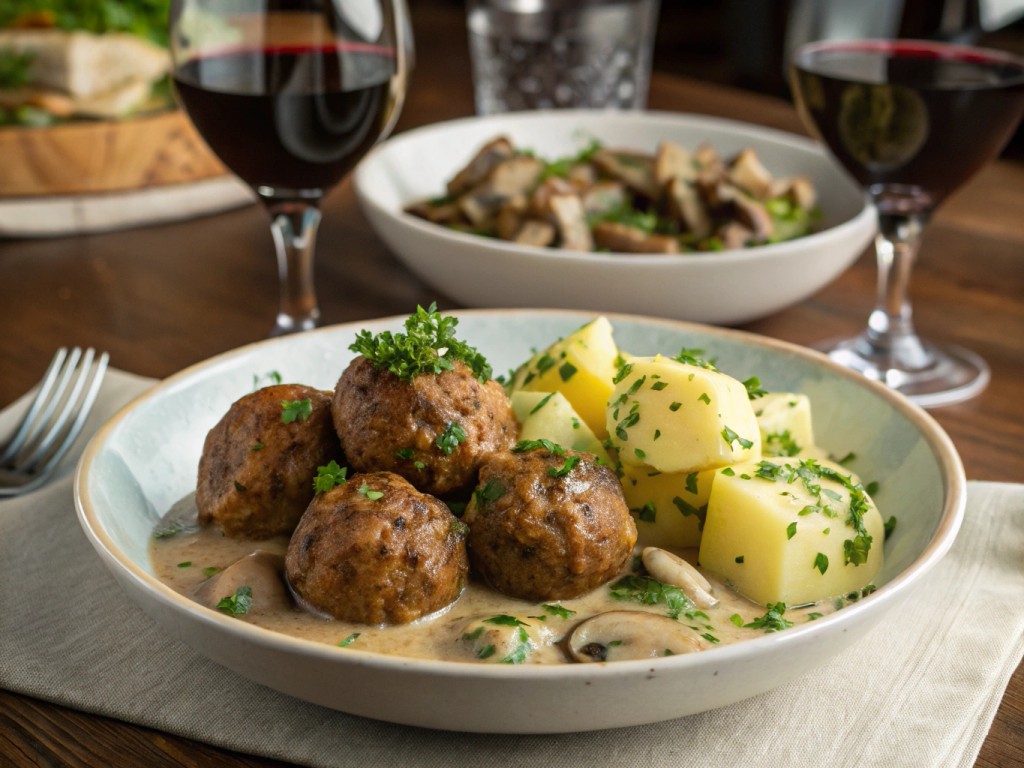 Vegane Köttbullar mit Petersilienkartoffeln und cremiger Champignonsauce