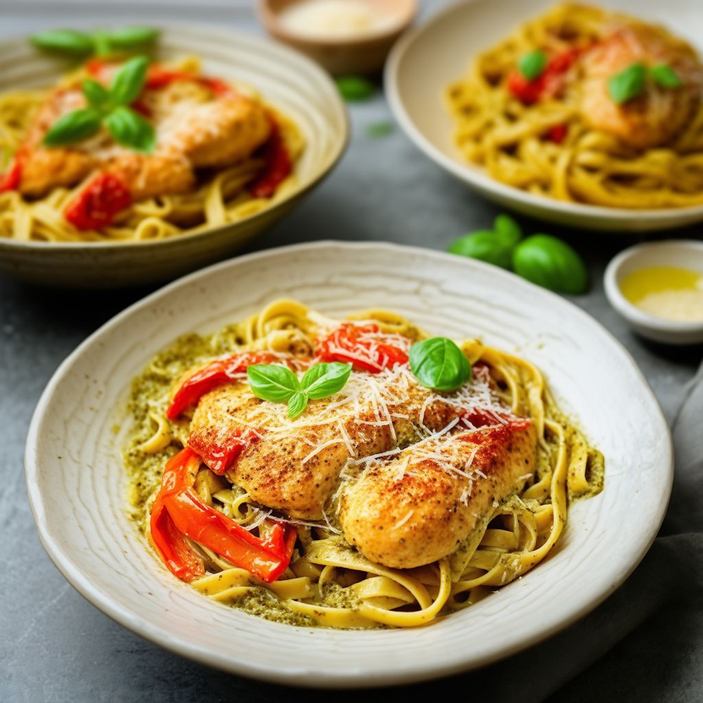 Cremige Pesto-Hühnchen-Fettuccine mit gerösteten Paprika