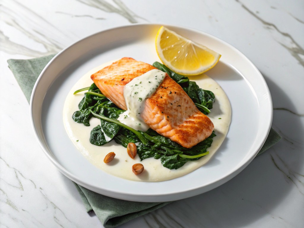 Ofenlachs mit Spinat & Zitrone und cremiger Soße
