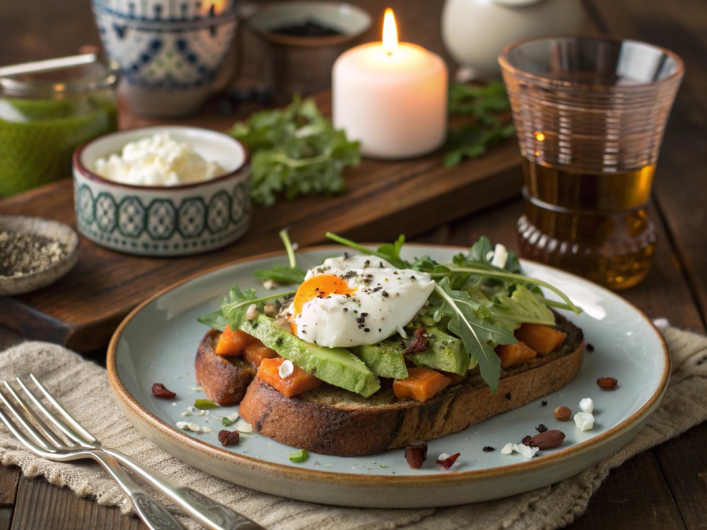 Süßkartoffel‑Toast mit Avocado, Rucola, Luzernensprossen und pochiertem Ei