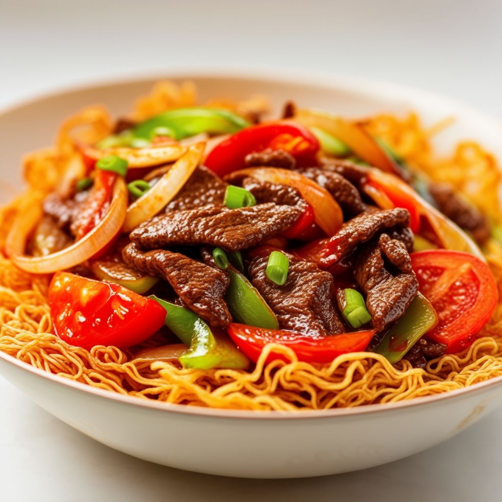 Savory Tomato Beef Stir-Fry with Crispy Noodles