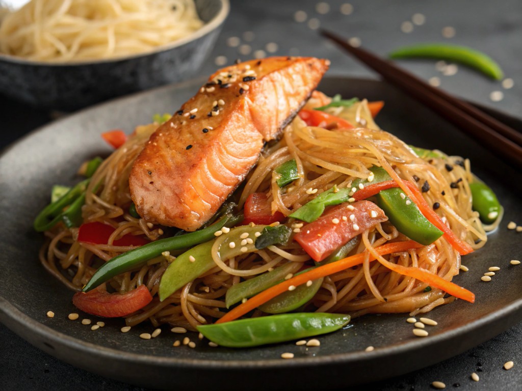 Glasnudelpfanne mit Teriyaki-Lachs
