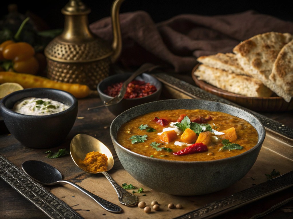 Indische Dalsuppe mit Butter-Fladenbrot, Ofengemüse und Dip