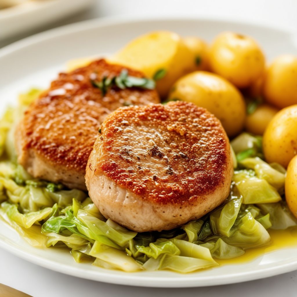 Knoblauch-Kräuter-Schweinekoteletts mit sautiertem Kohl und Kartoffeln