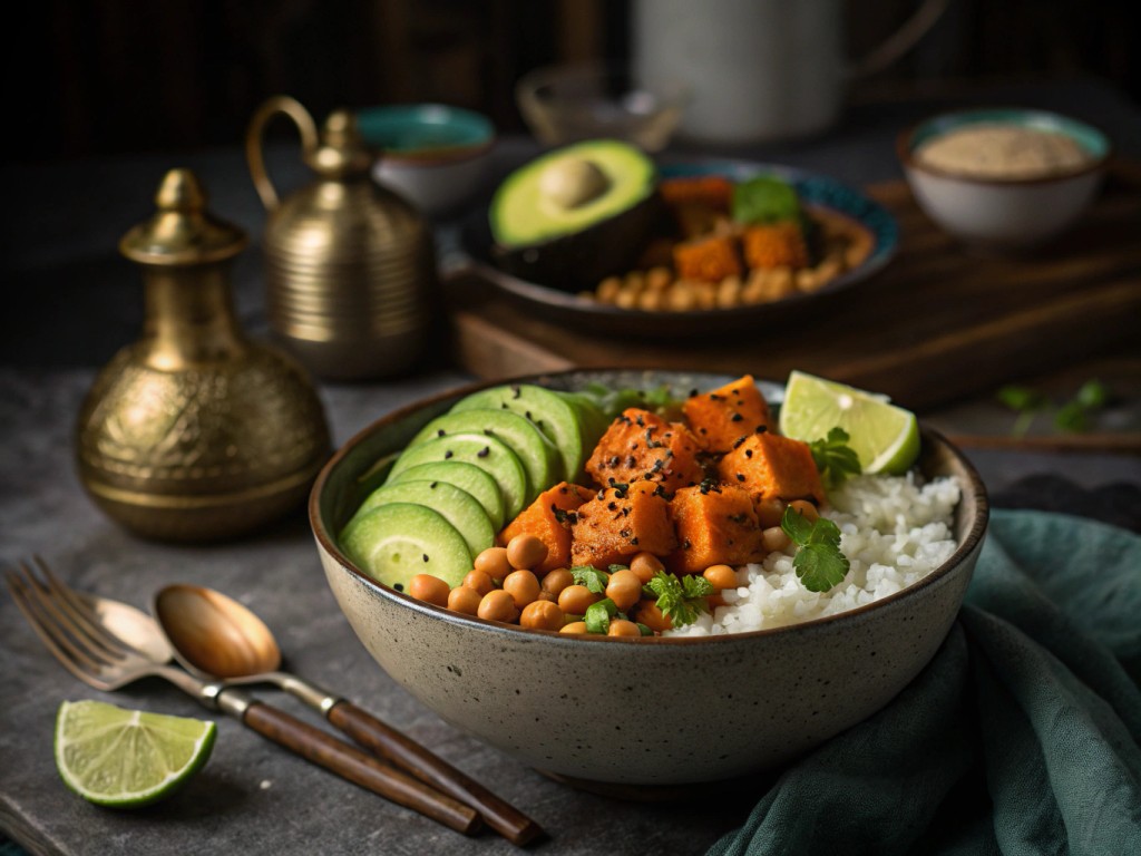 Vegane Kokosbowl mit Sesamsüßkartoffel