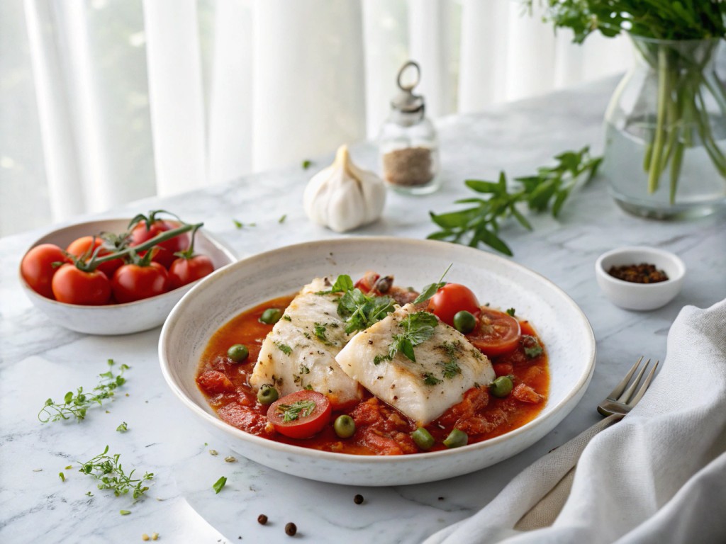 Pochierter Kabeljau in Tomatensoße