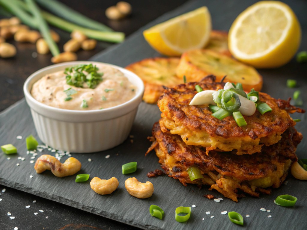 Süßkartoffel‑Zucchini‑Rösti mit Cashewdip