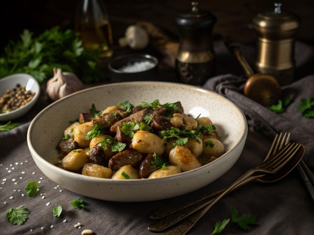 Vegane glutenfreie Gnocchi mit Pilzen und Sonnenblumen‑Hack