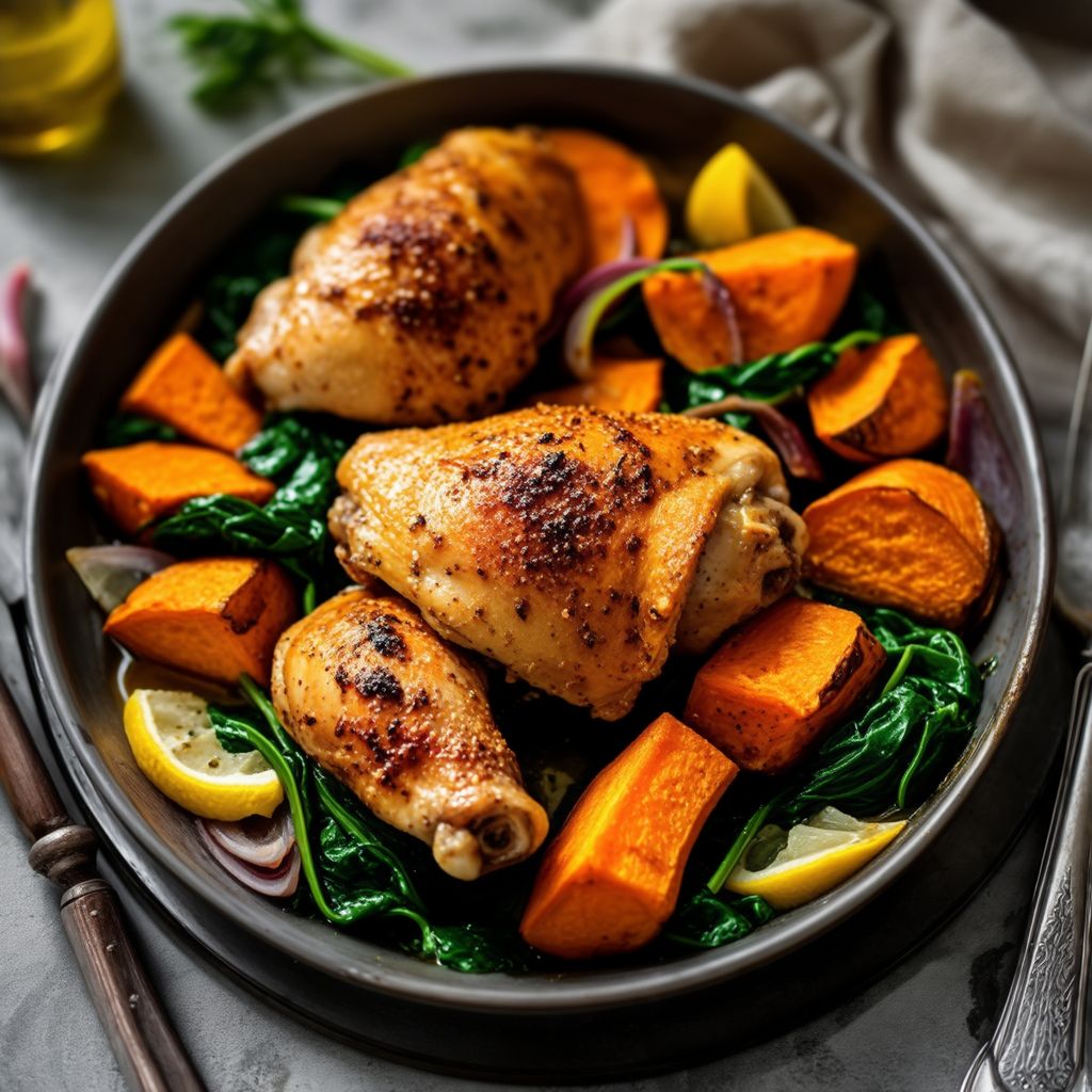 Pollo Arrosto alle Erbe con Patate Dolci e Spinaci