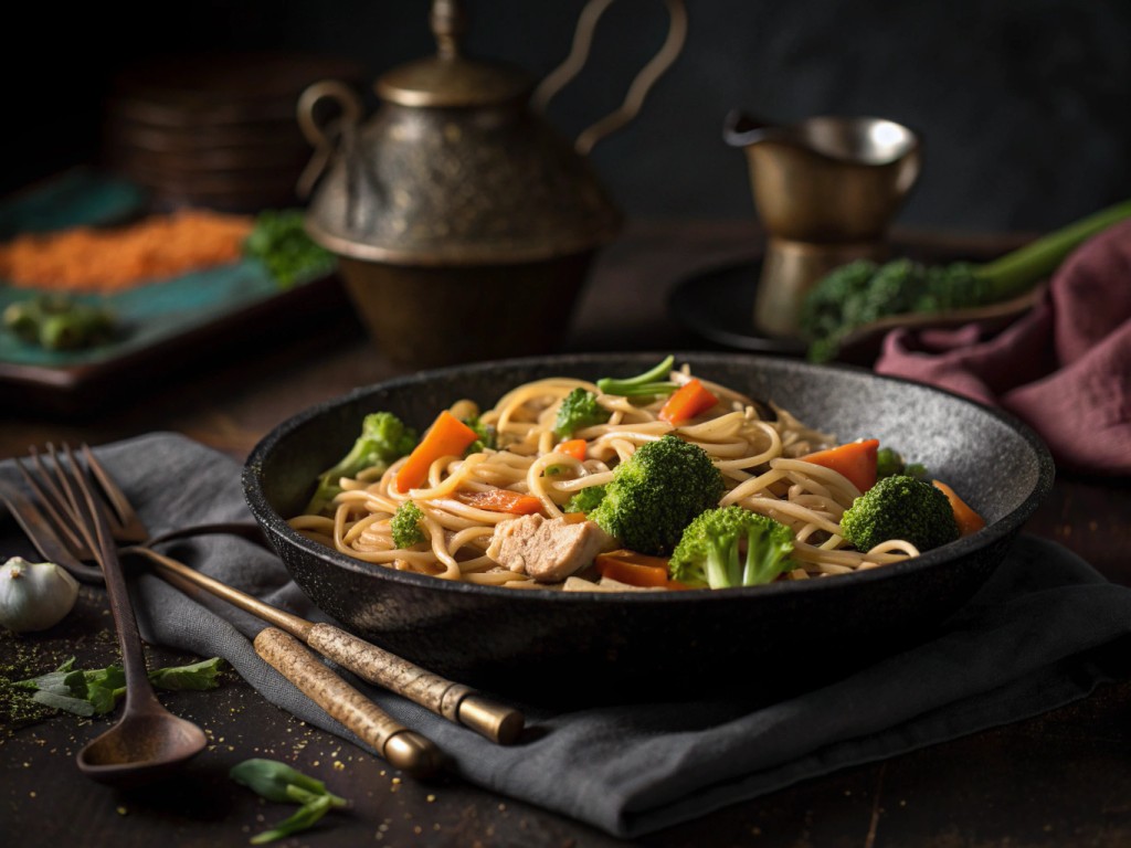 Mie‑Nudeln mit Gemüse und Sojaschnetzeln