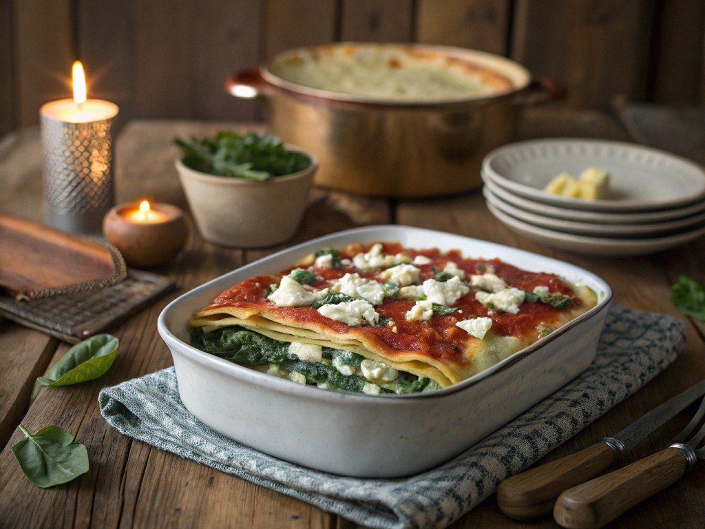 Pfannkuchen‑Auflauf mit Frischkäse‑Spinat‑Füllung und Tomatensoße