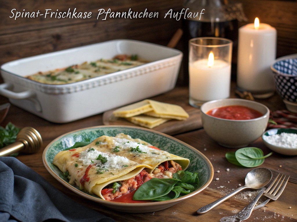 Spinat‑Frischkäse‑Pfannkuchen‑Auflauf