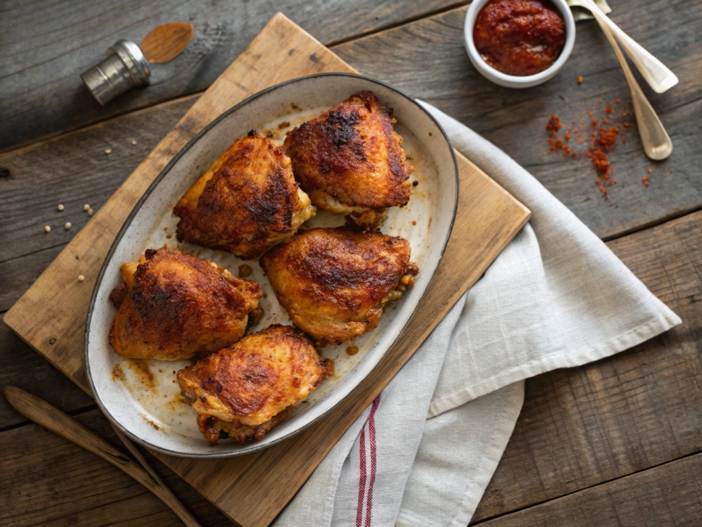 Gebratene Hähnchenschlegel mit Paprika‑Curry‑Glasur