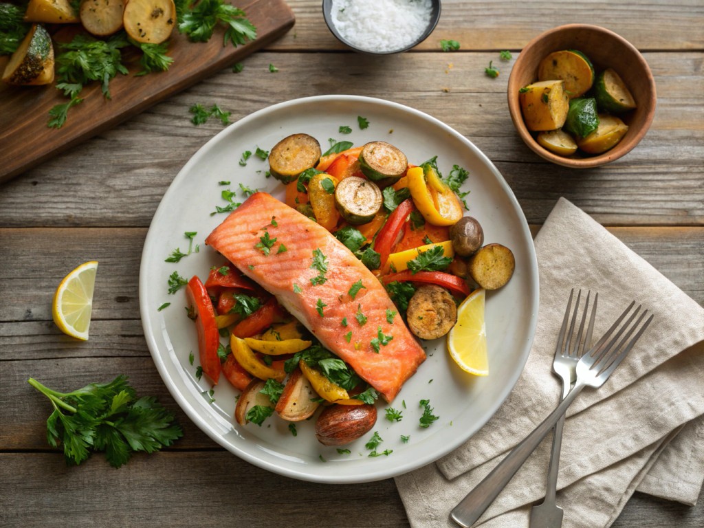 Lachsfilet mit Ofengemüse und Petersilienkartoffeln