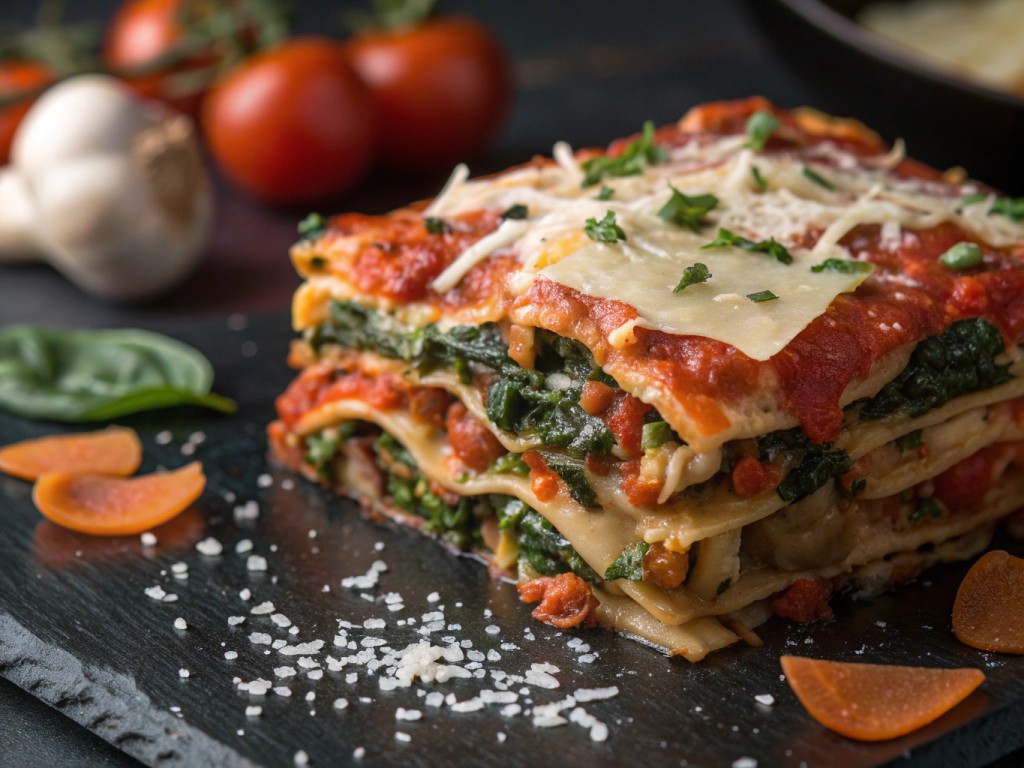 Vegetarische Spinat‑Gemüse‑Lasagne mit Tomatensoße