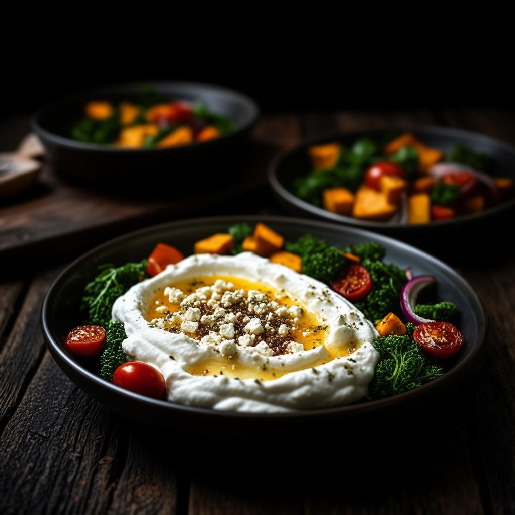 Geschlagener Hüttenkäse und Ofengemüse