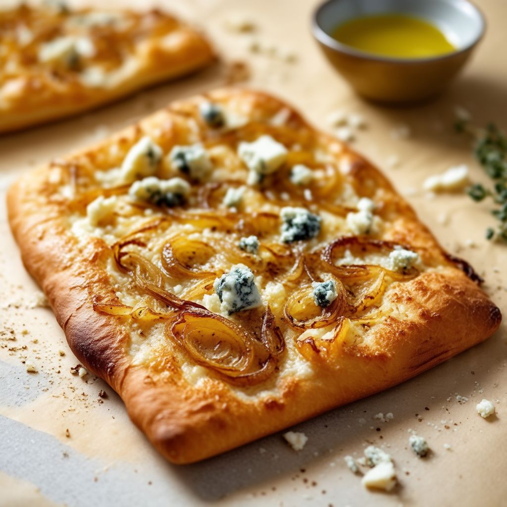 Herzhafter Fladenbrot mit karamellisierten Zwiebeln und Blauschimmelkäse