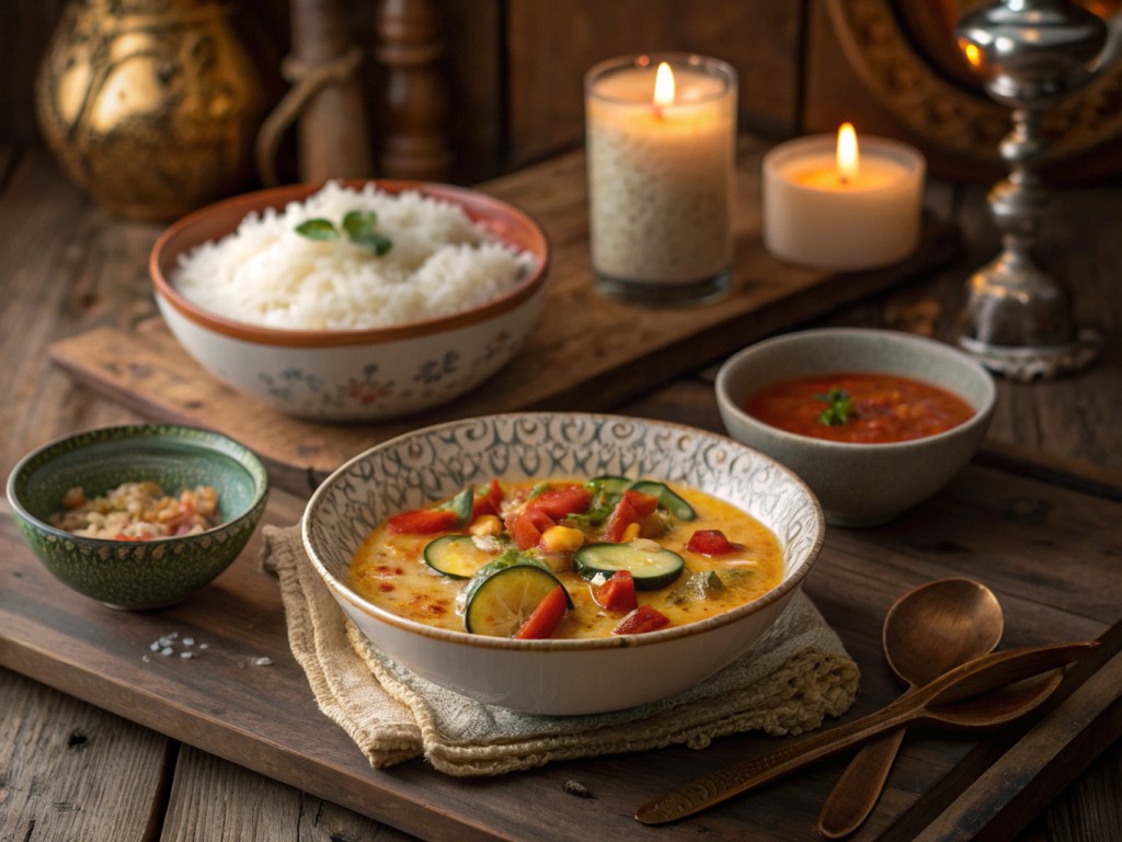 Mildes Mandel‑Kokos‑Curry mit Rosinenreis und Paprikagemüse