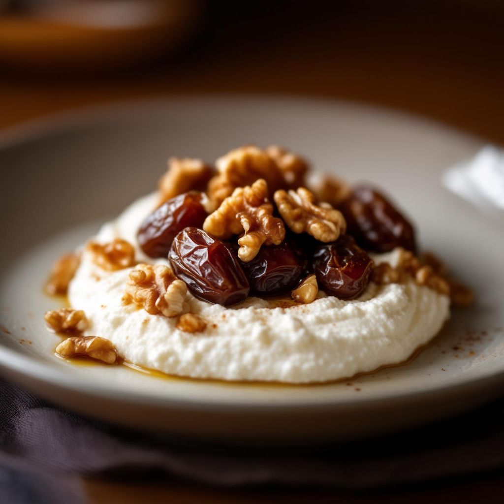 Geschlagene Ricotta mit knusprigen Ahorn-Datteln & Walnüssen