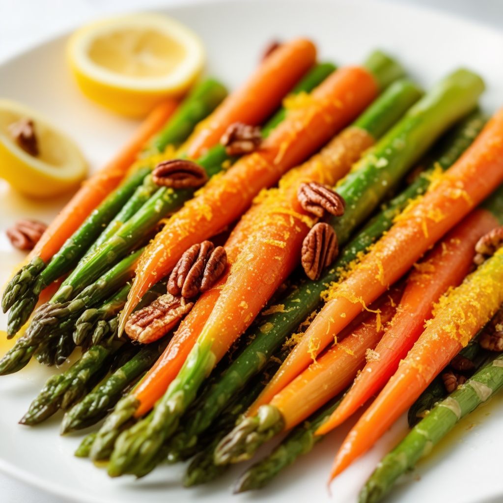 Zitronenglasierte Spargel und Karotten mit gerösteten Pekannüssen