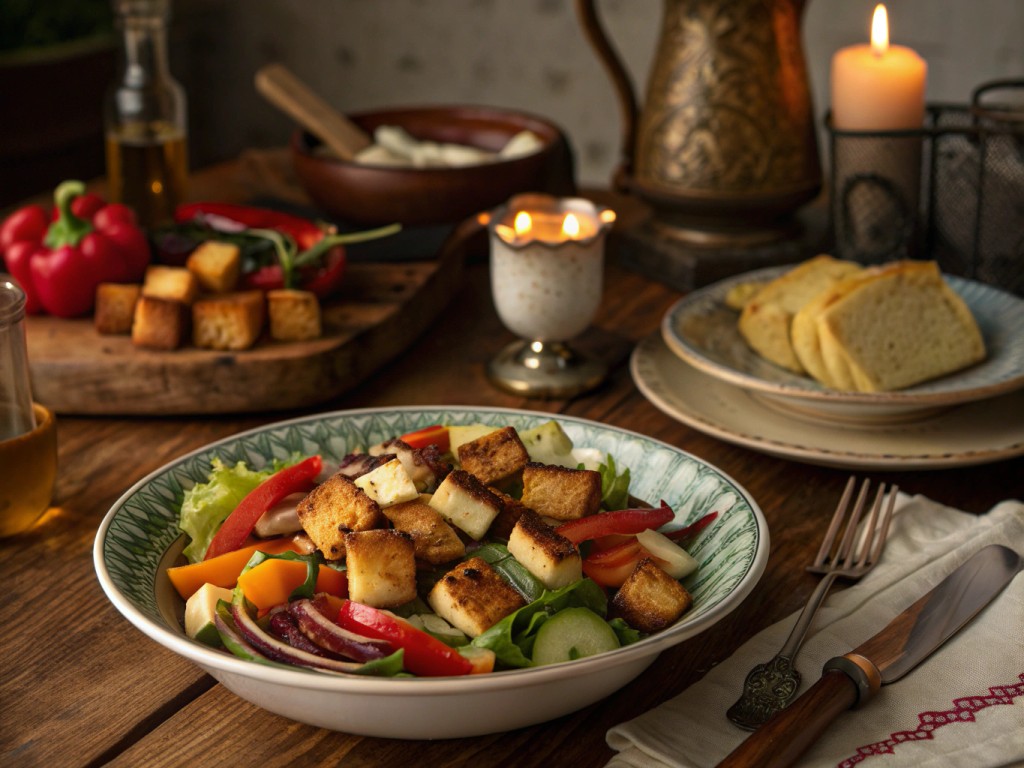 Würfelsalat mit Harissa‑Grillkäse und Kartoffelcroûtons