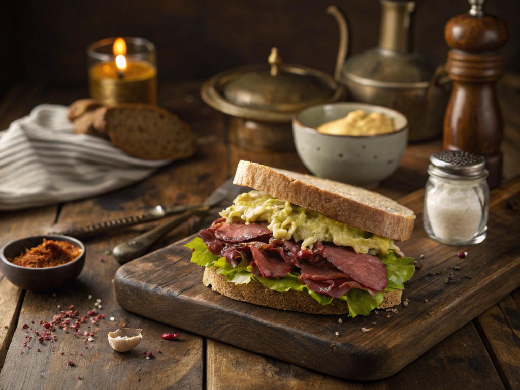 Pastrami‑Sandwich aus der Rinderhüfte auf Senfbutter