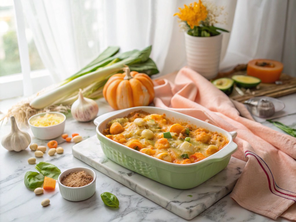 Vegetarischer Gnocchi‑Kürbis‑Lauch‑Auflauf