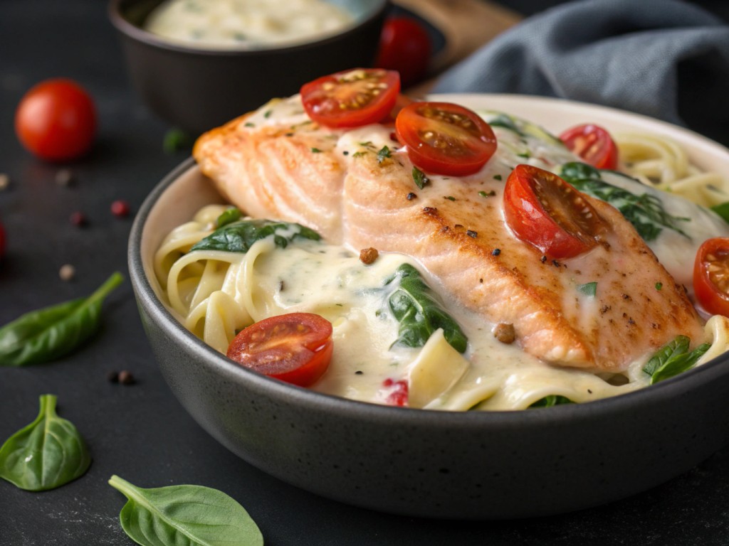Lachs‑Spinat‑Pasta mit Mozzarella