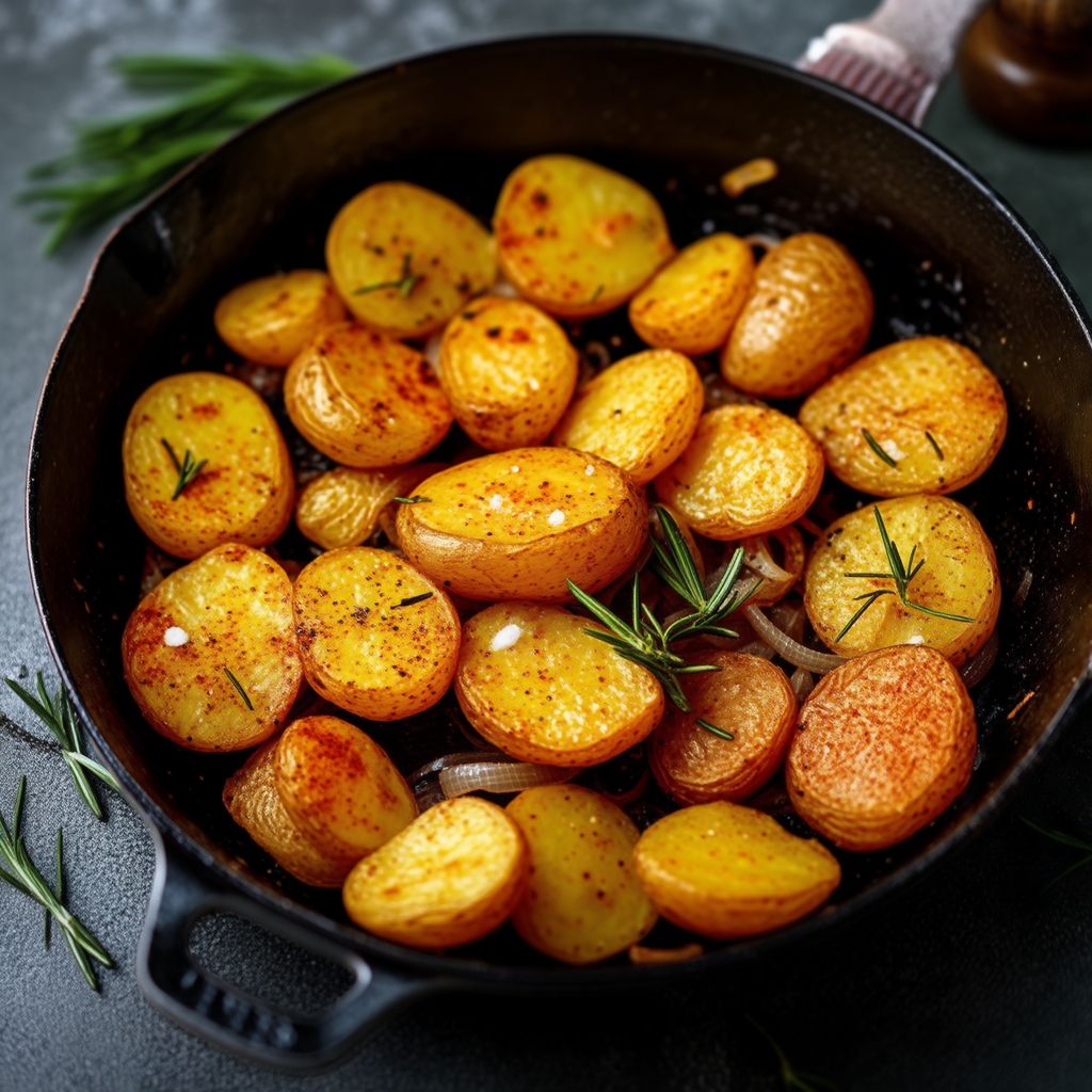 Goldene knusprige Kartoffeln und Zwiebeln aus der Pfanne