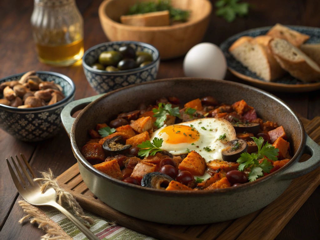 Überbackene Süßkartoffel mit Chorizo, Pilzen und Ei