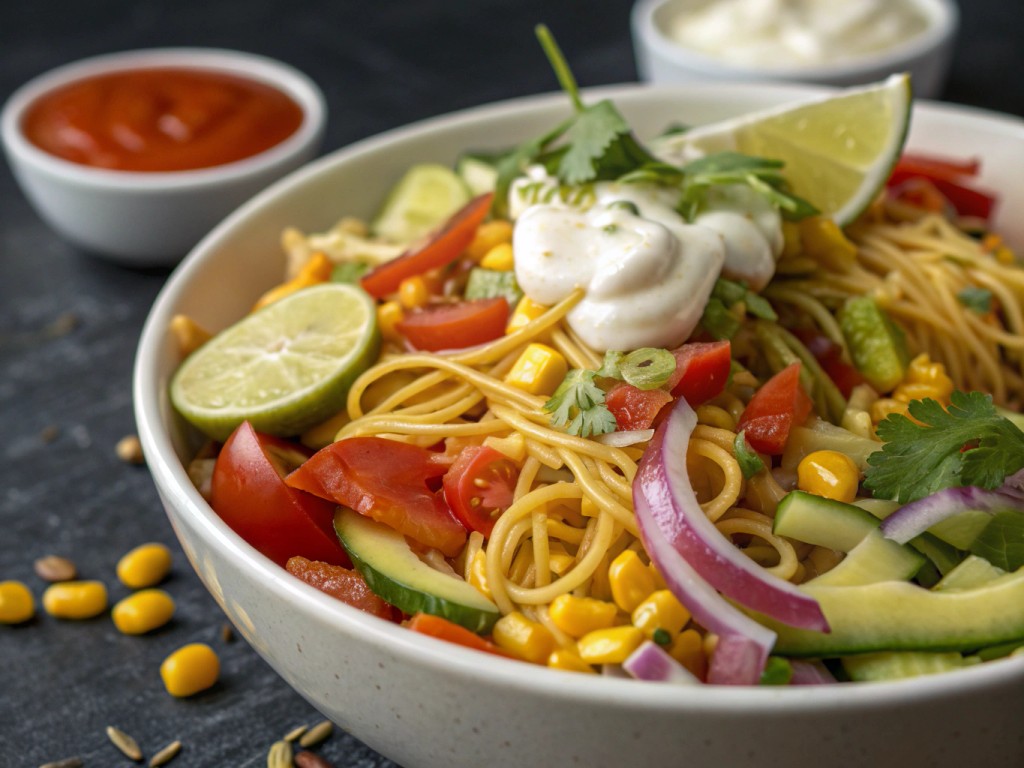 Bunter Nudelsalat mit Curry-Dressing