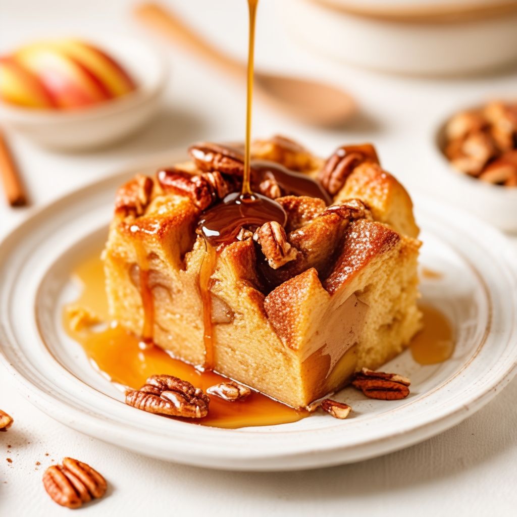 Budino di Pane con Mele e Cannella e Salsa di Pecan e Sciroppo d'Acero