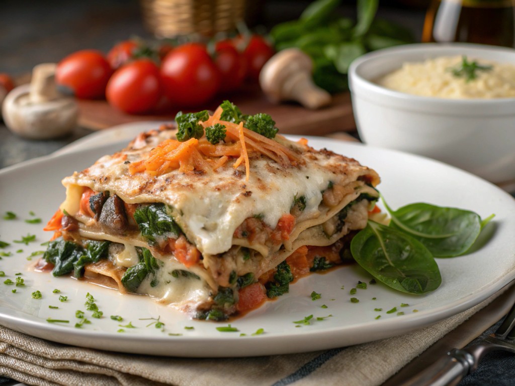 Gemüse-Lasagne mit Spinat und Pilzen