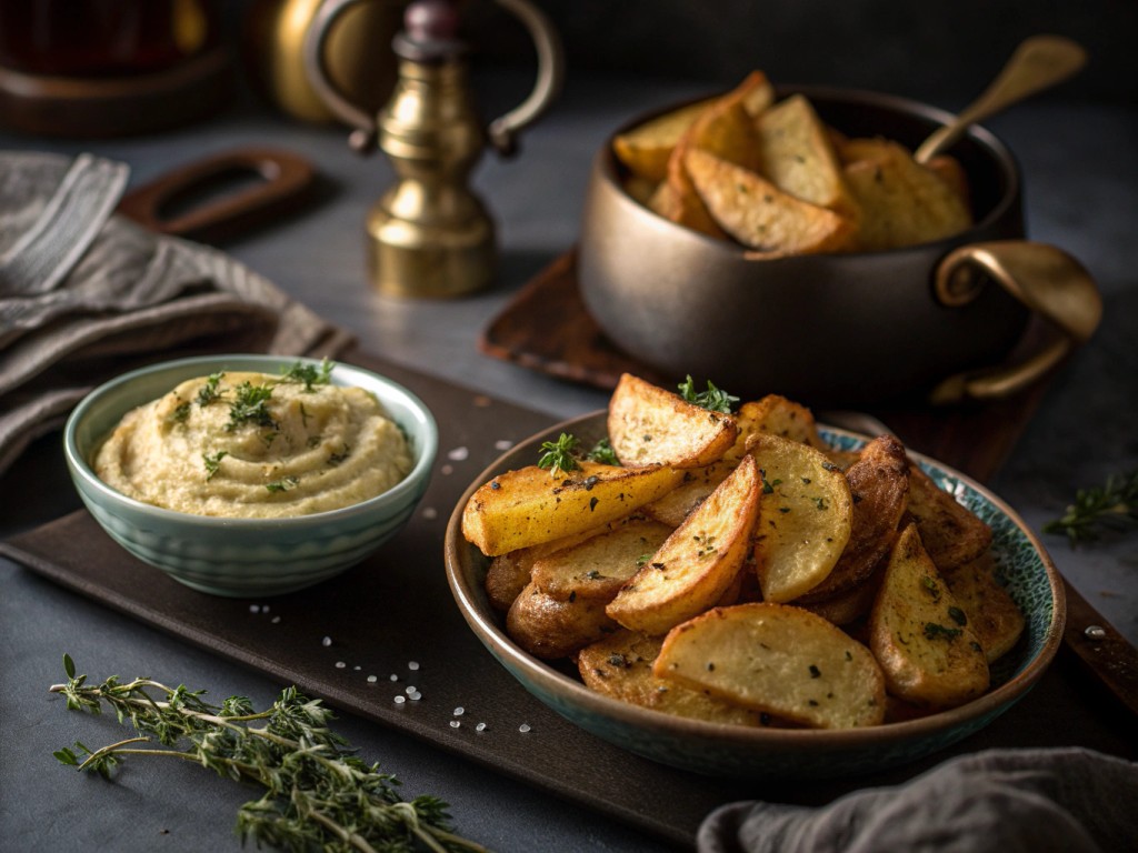 Kartoffelscheiben aus dem Ofen mit Kräuter‑Hummus