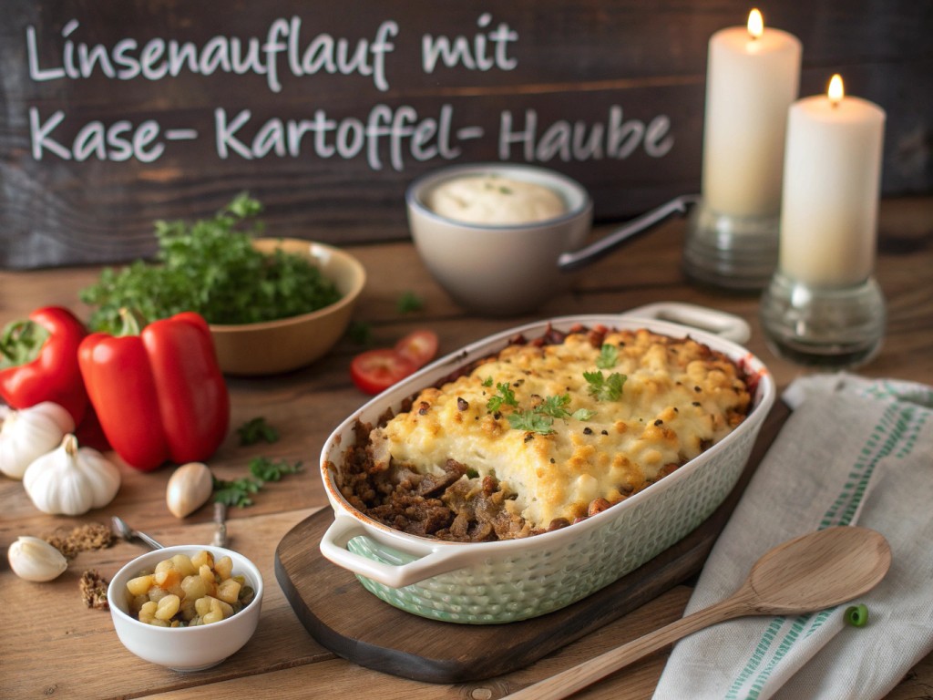 Linsenauflauf mit Käse‑Kartoffel‑Haube