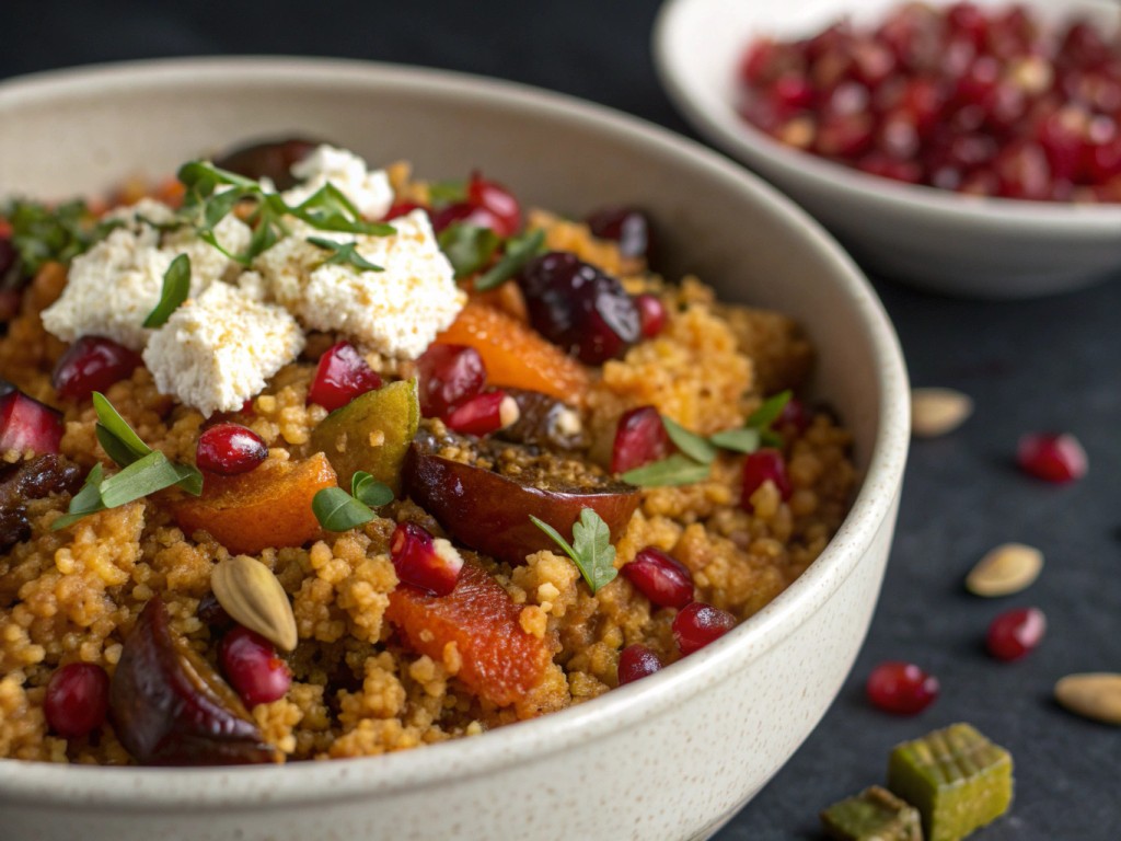 Bulgur‑Auflauf mit Harissa, Paprika und Pistazien