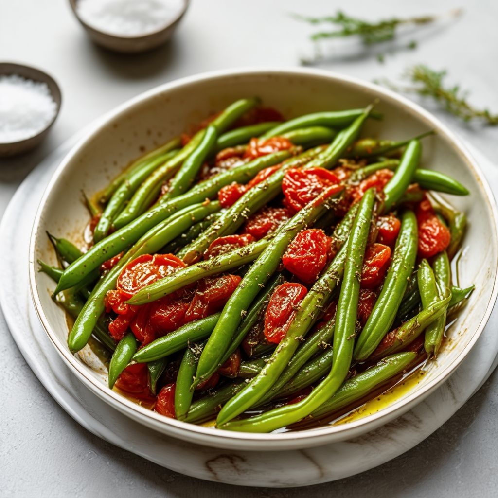 Herzhafte grüne Bohnen mit Tomaten- und Kräuterinfusion