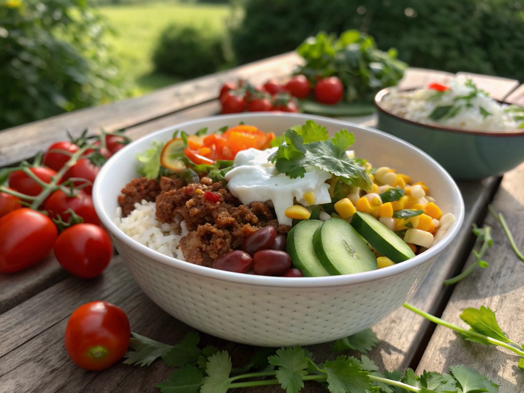 Mexikanische Burrito Bowl mit Veggie‑Hack