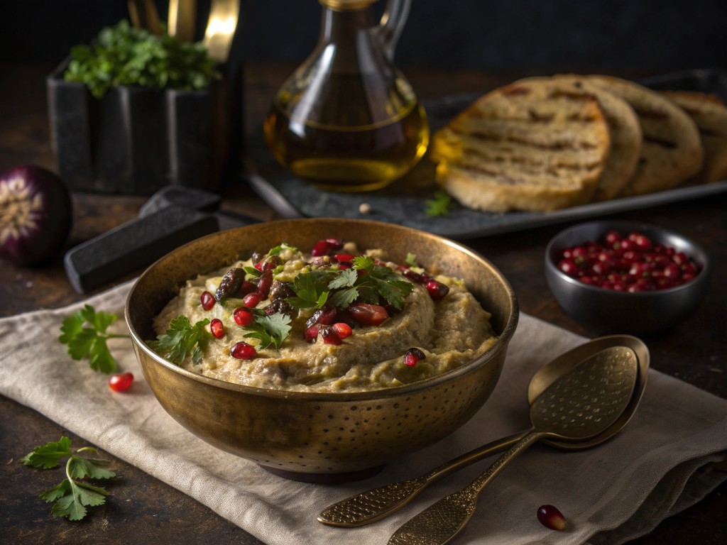 Baba Ghanoush - Auberginendip mit Knoblauch, Zitrone & Granatapfelkernen