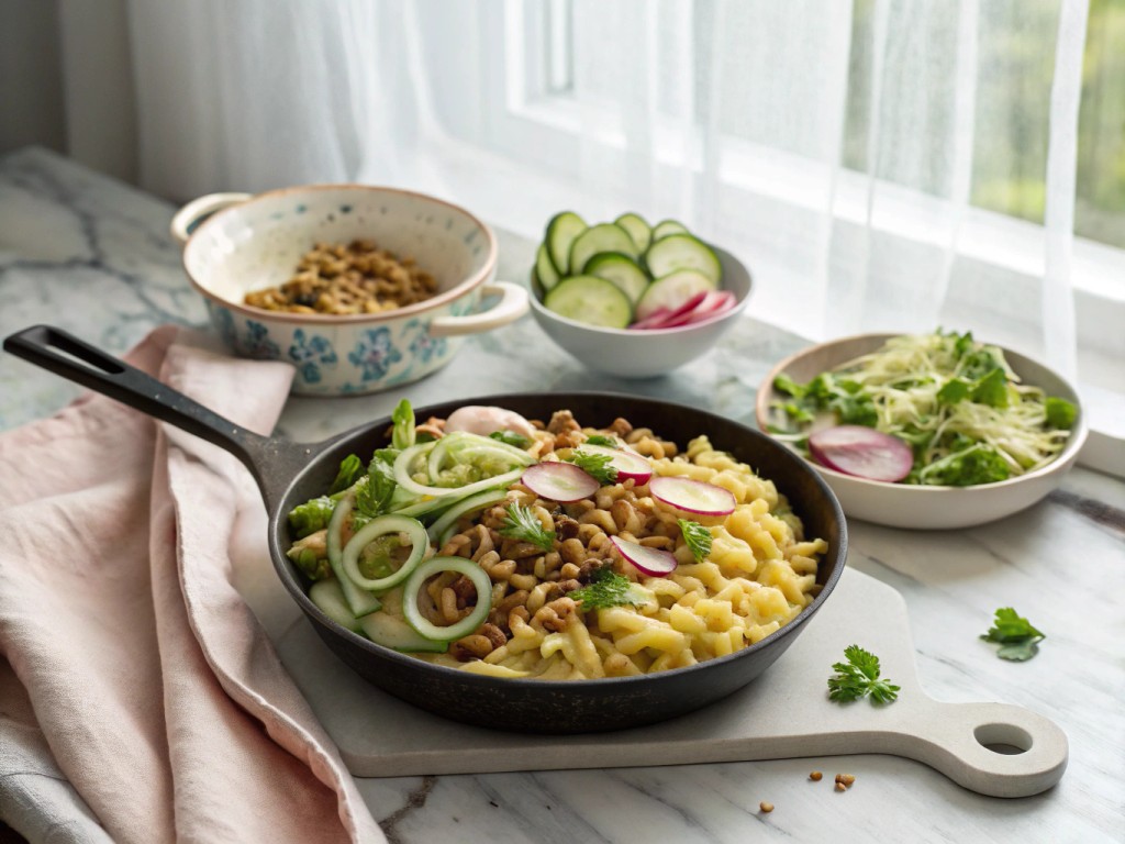 Porree‑Spätzle‑Pfanne mit Schmelzzwiebeln