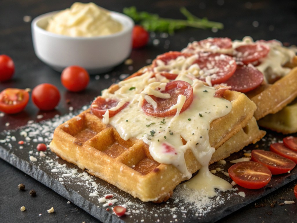 Herzhafte belgische Waffeln mit Béchamelsauce, Salami & Käse