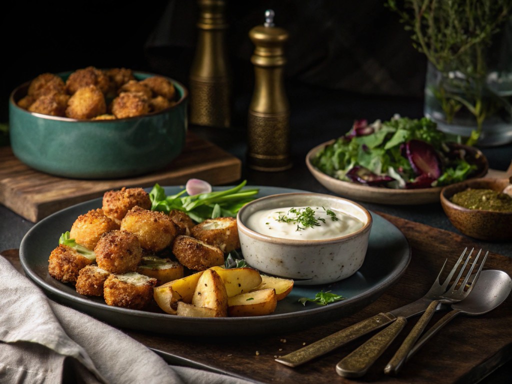 Blumenkohl‑Nuggets mit Zitronenthymian‑Kartoffeln, Salat und Senf‑Joghurt‑Dip