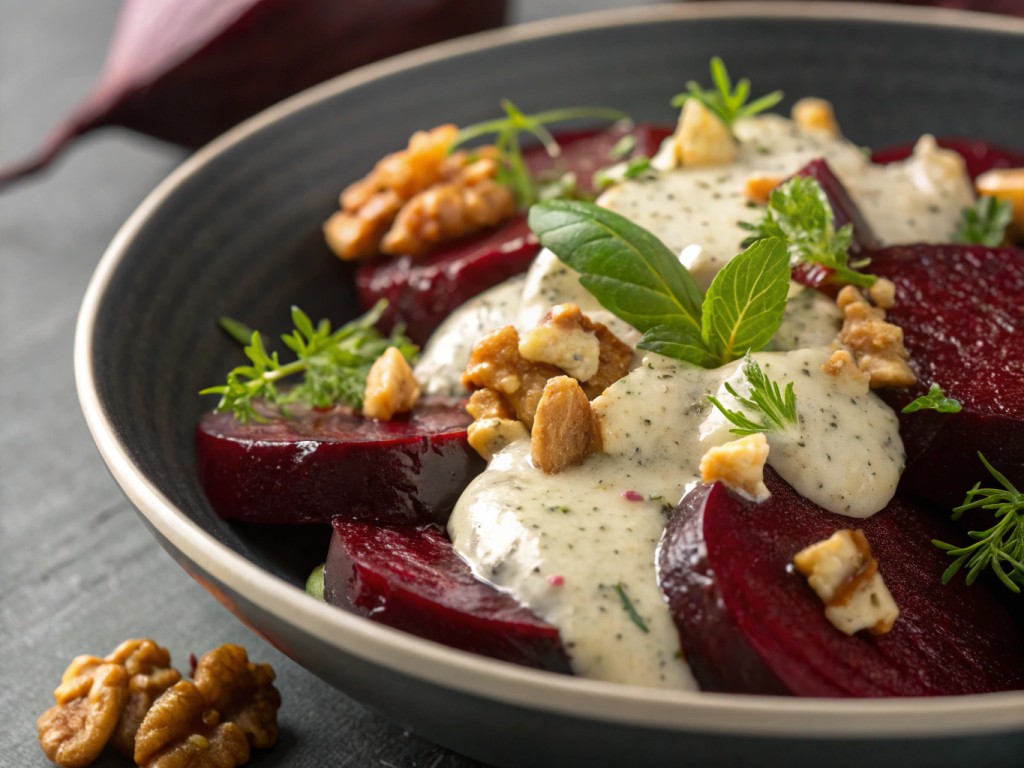 Geröstete Rote Bete mit Estragon und Walnuss‑Tarator