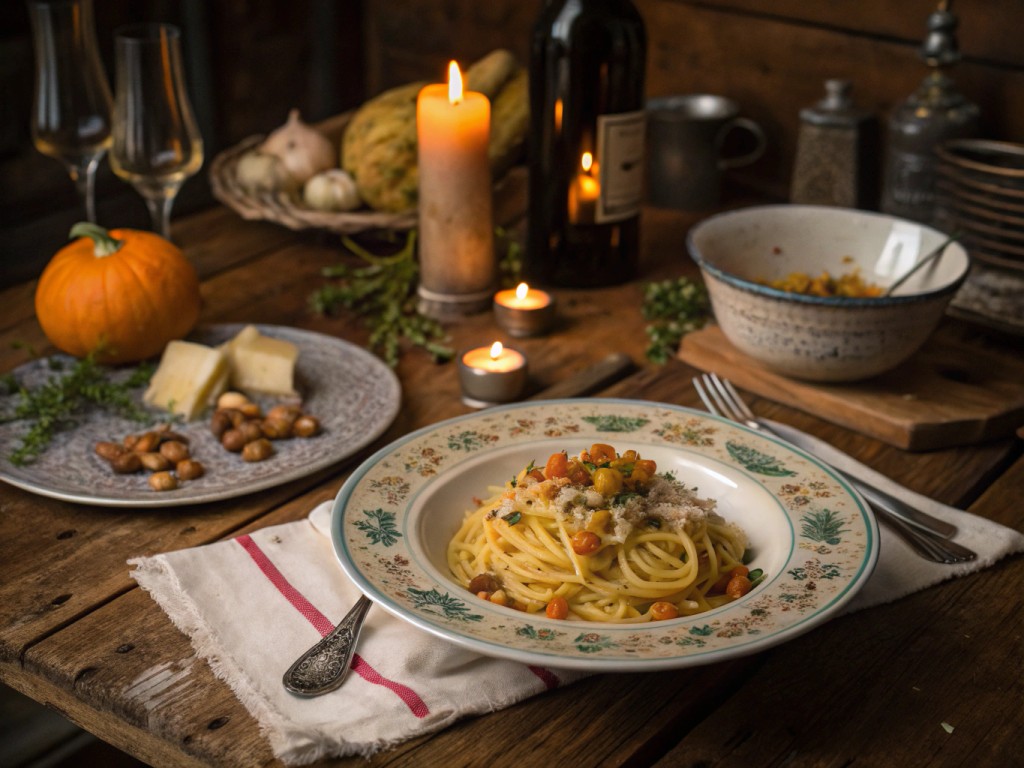 Butternut‑Kürbis‑Carbonara mit knusprigem Knoblauch