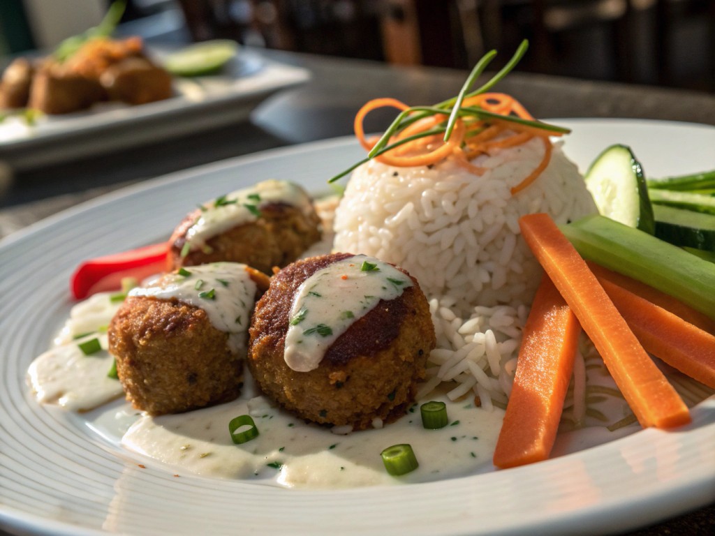 Reis mit vegetarischen Frikadellen und heller Soße