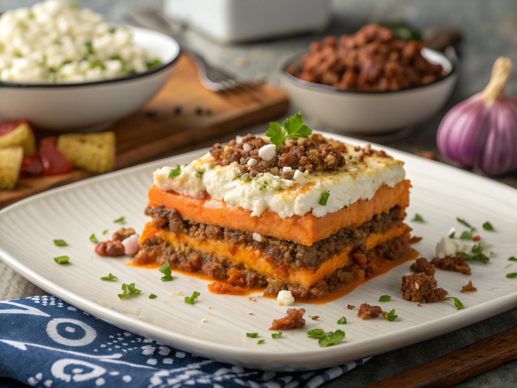 Rinderhack‑Süßkartoffelauflauf mit Feta