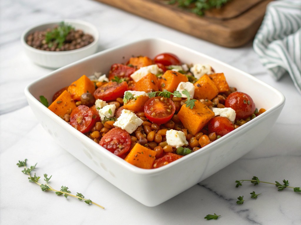 Gebackener Butternut‑Kürbis mit Tomaten, Linsen und veganem Feta