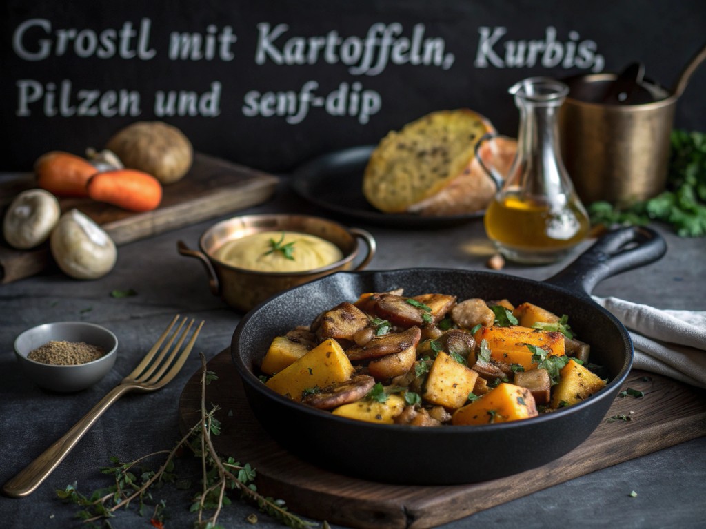 Gröstl mit Kartoffeln, Kürbis, Pilzen und Senf‑Dip