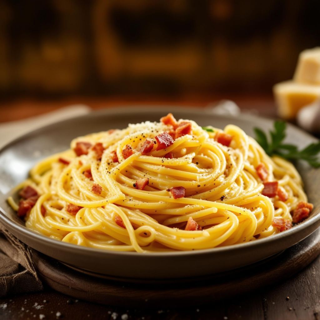 Spaghetti Carbonara mit gebratenen Pancetta-Würfeln