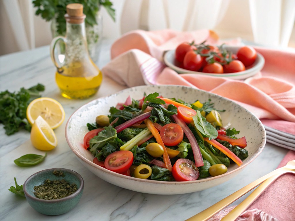 Rainbow Swiss Chard with Tomatoes and Green Olives